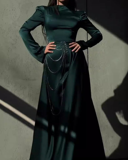 Satin Studded Long-sleeve Maxi Dress