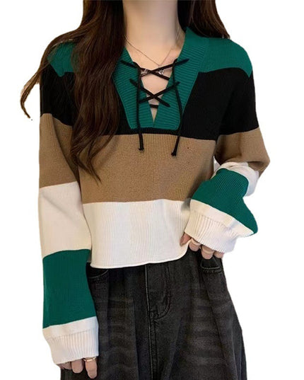 V-collar Contrast Color Short Long-sleeved Sweater Women's Striped Binding Rope Slimming Slim Fit Petite Top