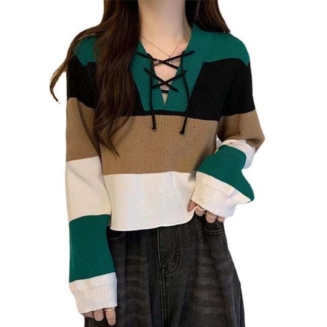 V-collar Contrast Color Short Long-sleeved Sweater Women's Striped Binding Rope Slimming Slim Fit Petite Top