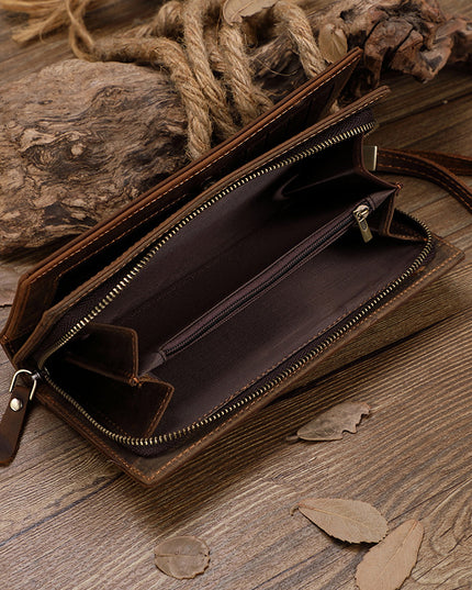 Cowhide Zipper Large Capacity Multiple Card Slots Crazy Horse Leather Long Wallet Men