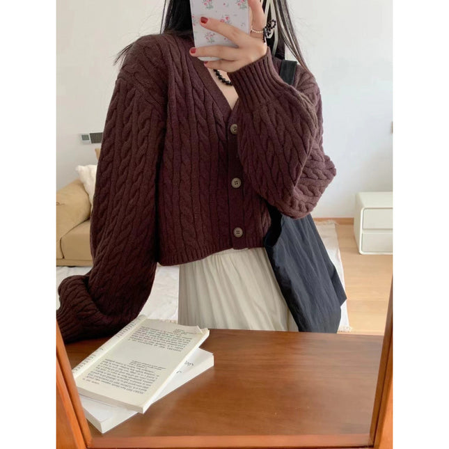 Twist Outer Wear V-neck Sweater Needle Woven Women's Cardigan