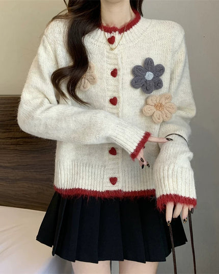 French Style Temperament Flower Round Neck Sweater Short Knitted Cardigan