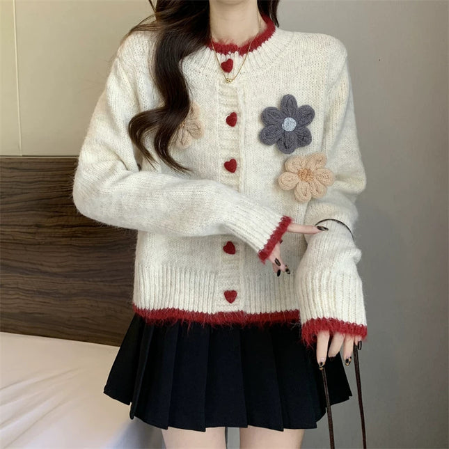 French Style Temperament Flower Round Neck Sweater Short Knitted Cardigan