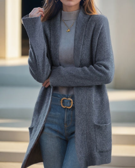 New Polo Collar Solid Color Long-sleeved Knitted Cardigan Loose Pockets Sweater Coat For Women