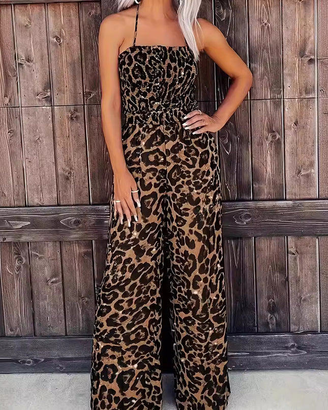 Women's Leopard Print Halter Backless Jumpsuit