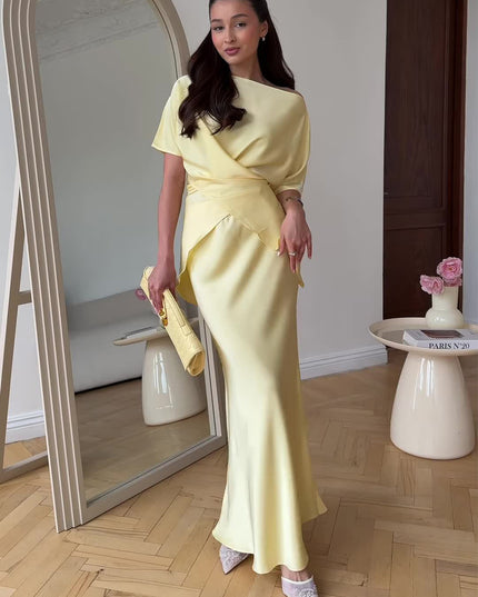 Short Sleeve Tied Top & Maxi Mid-length Dress Set