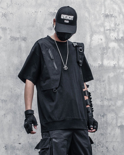 Fashionable Stitching Functional Zipper Short Sleeved T-shirt