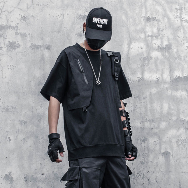 Fashionable Stitching Functional Zipper Short Sleeved T-shirt