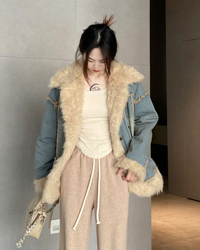 Denim Fur Collar Coat Women's Winter Hong Kong Style Vintage Top