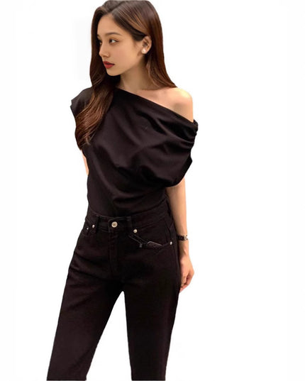 Irregular Shoulder Design Loose Solid Color Pullover Short Sleeve T-shirt