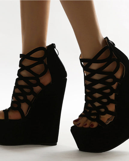 New Women's Shoes Hollow Wedge Heel Suede Toe Roman Sandals