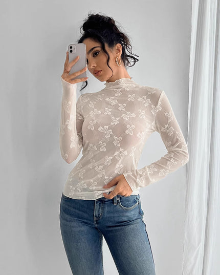 Butterfly Jacquard Mesh Slim Fit Stand-up Collar Long-sleeved