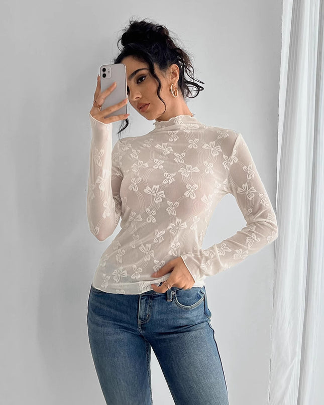 Butterfly Jacquard Mesh Slim Fit Stand-up Collar Long-sleeved