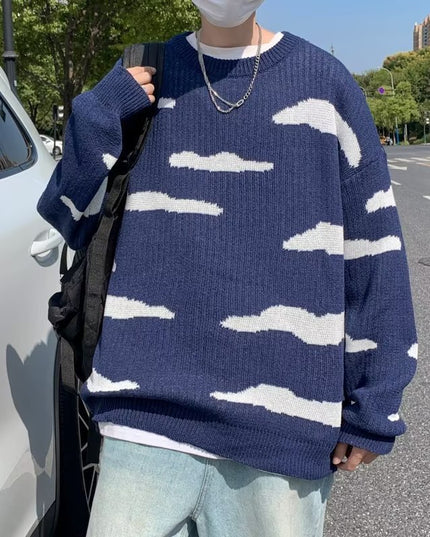 Vintage Blue Sky White Clouds Jacquard Loose-fitting Knitted Sweater