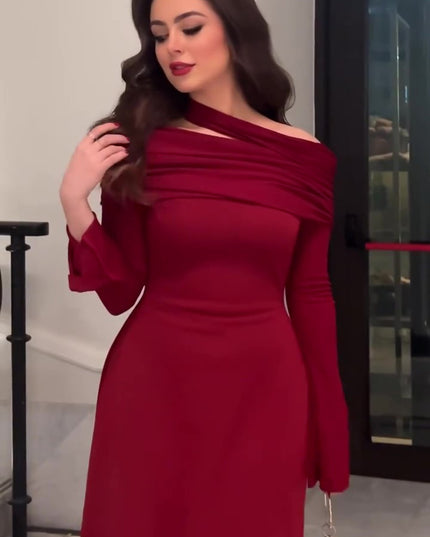 Burgundy Off-Shoulder Long-Sleeve Maxi Dress