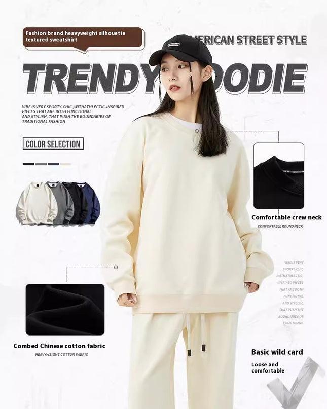 Solid Color Plus Size Round Neck Sweater Casual Pants Suit