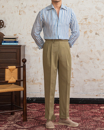 Linen Striped Long-sleeved Shirt With One Collar