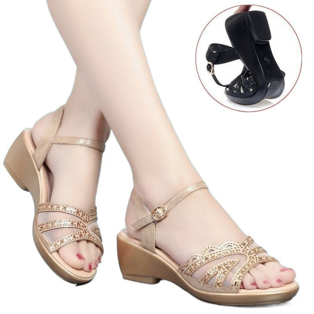 Women's Summer Chunky Mid Wedge Sandals With One Line Buckle Heels