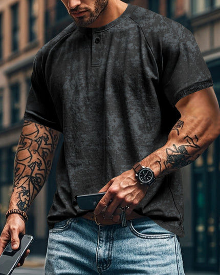 Retro Distressed Henry Collar Short Sleeve Men's T-shirt Heavy Slim Fit Raglan American Style Men's Short Sleeve