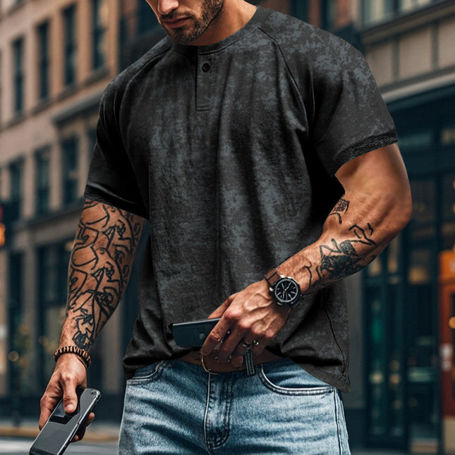 Retro Distressed Henry Collar Short Sleeve Men's T-shirt Heavy Slim Fit Raglan American Style Men's Short Sleeve
