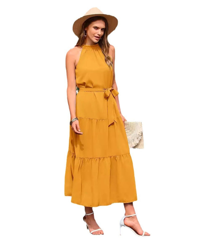 Halter Lace-up Casual Loose Stitching Dress