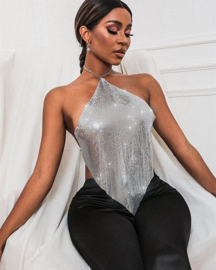 New Solid Color Metal Sexy Hot Girl Halter Sequin Sling Top For Women