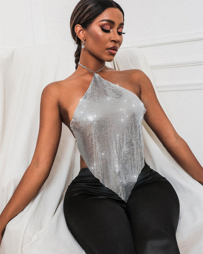 New Solid Color Metal Sexy Hot Girl Halter Sequin Sling Top For Women