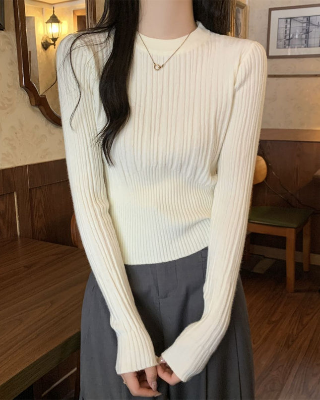Korean Style Sunken Stripe Round Neck Long Sleeve Sweater