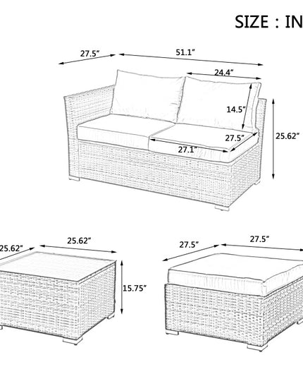 Patio Furniture, Outdoor Furniture, Seasonal PE Wicker Furniture, 4 Set Wicker Furniture With Tempered Glass Coffee Table