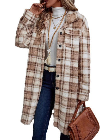 Women's Printed Plaid Long Double-sided Plush Patch Pocket Button Coat