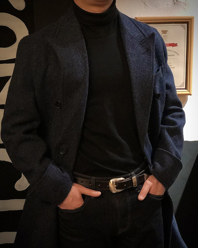 Polo Double Breasted Slim Vintage Tweed Men's Long English Wool Lapel Herringbone Coat