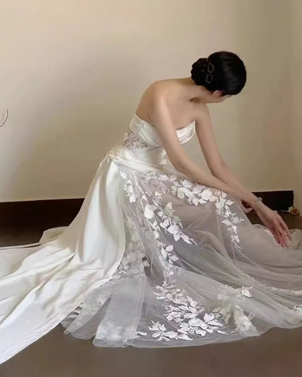 Satin Lace Wedding Veil Tube Top Fishtail Wedding Dress