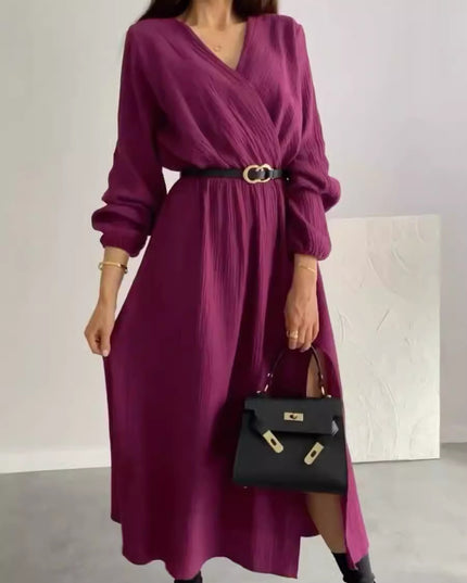 Fashion Long Sleeve Solid Color Waist Tight Dress