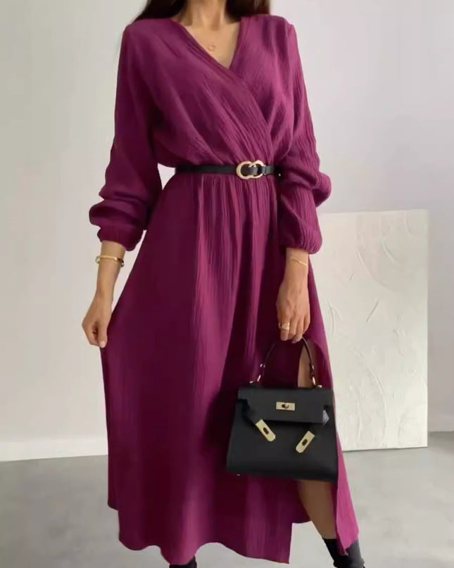 Fashion Long Sleeve Solid Color Waist Tight Dress