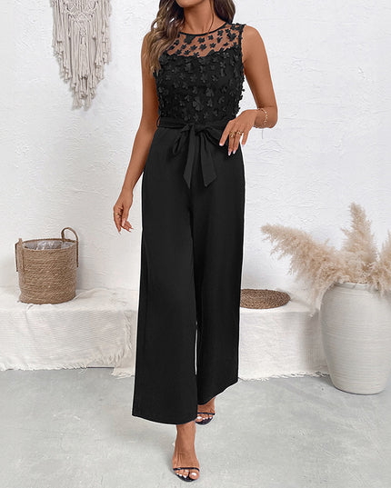 Lace Patchwork Round Neck Sleeveless High Waist Straight Women's Jumpsuit