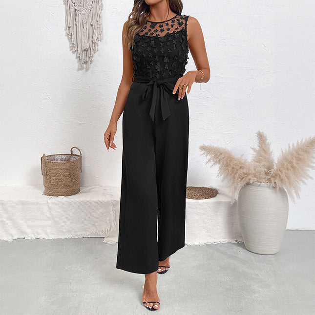 Lace Patchwork Round Neck Sleeveless High Waist Straight Women's Jumpsuit