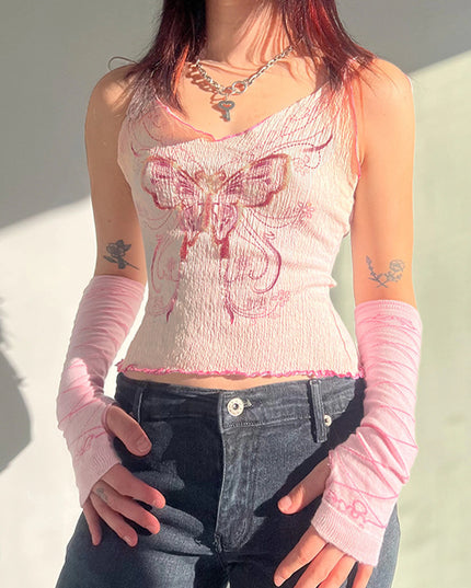 American Texture Butterfly Print Lace-up Vest Outer Wear Base Tight Edge V-neck Small Sling