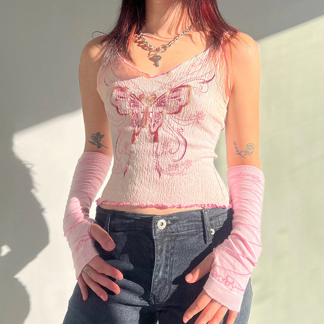 American Texture Butterfly Print Lace-up Vest Outer Wear Base Tight Edge V-neck Small Sling