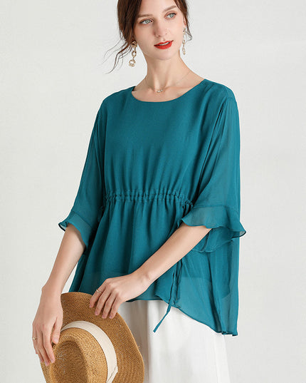 Summer New Style Temperament Short-Sleeved Plus Size Slimming Silk Blouse Women