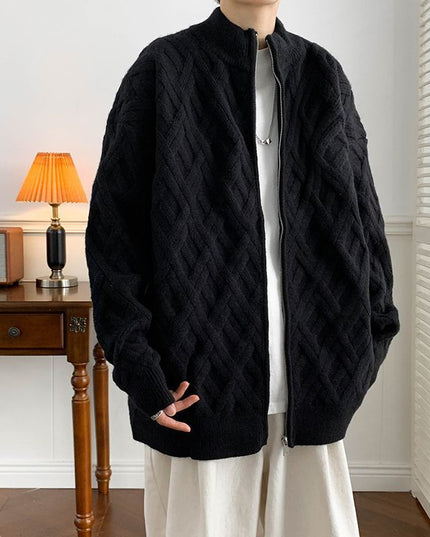 Casual Stand Collar Solid Color Autumn And Winter New Cardigan Cable-knit Sweater Men
