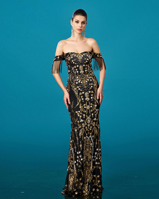 Off-neck Tassel Sequined Fishtail Evening Dress For Banquet