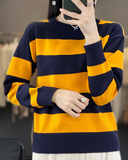 Women's Round Neck Sweater Loose-fitting Striped Long Sleeves