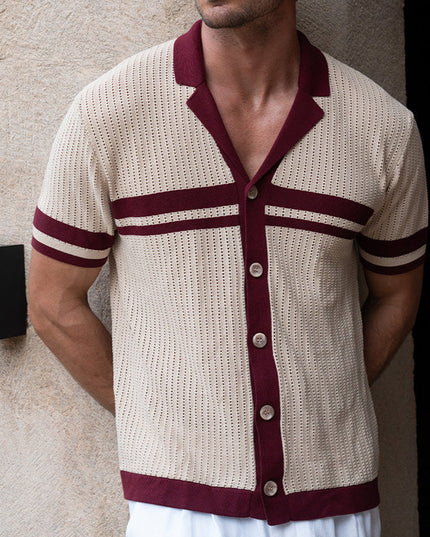 Men's Lapel Short Sleeve Color Matching Casual Shirt