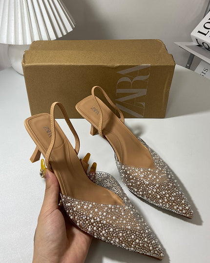 Women's Fashion Pointed Stiletto Heel Decorated Pearls Back Strap Sandals