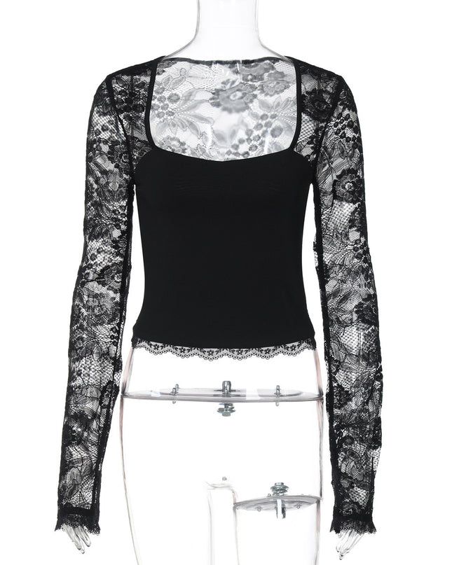 Sexy Lace Cutout Stitching Long Sleeve
