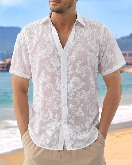 Hawaiian Jacquard Shirt Transparent Cutout Short Sleeve Thin Holiday Beach Shirt