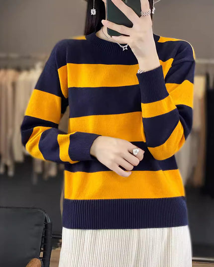 Women's Round Neck Sweater Loose-fitting Striped Long Sleeves