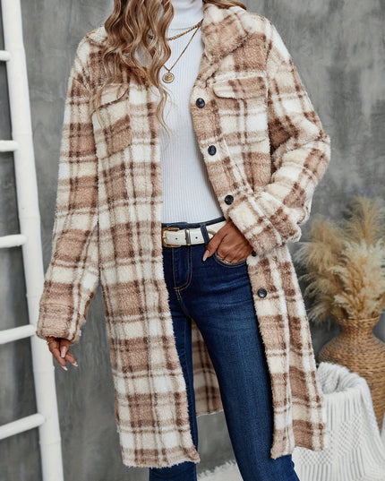 Women's Printed Plaid Long Double-sided Plush Patch Pocket Button Coat