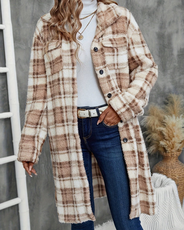 Women's Printed Plaid Long Double-sided Plush Patch Pocket Button Coat