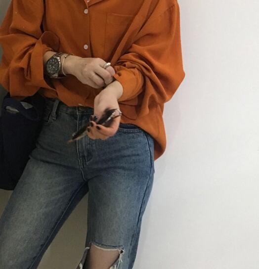 Women's Orange Lantern Sleeve Loose Casual Shirt